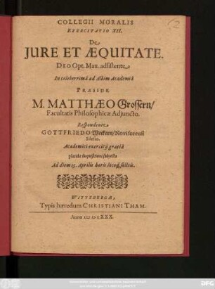 Collegii Moralis Exercitatio XII. De Iure Et Aequitate