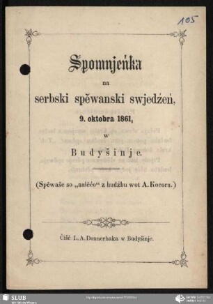Spomnjeńka na serbski spěwanski swjedźeń, 9. oktobera 1861 w Budyšinje