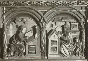 Döbeln, Nicolaikirche, Innenraum, Altar : Flügelaltar, Detail des linken Flügels mit den Evangelisten Johannes und Matthäus
