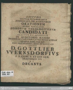 Lecturis Salutem Plurimam Dicit Eosdemque Ad Audiendam Orationem Summe Venerandi Honorum Theologicorum Candidati ...
