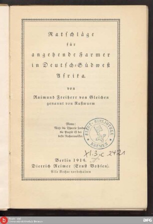 Ratschläge für angehende Farmer in Deutsch-Südwest-Afrika