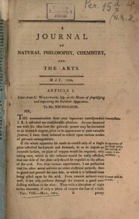 Journal of natural philosophy, chemistry and the arts. 8, N.S., 8. 1804