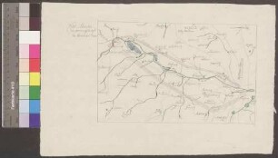 Jägerndorf; "Marche à Jägerndorf" [Kriegskarte]; ohne Verfasser; ohne Maßstab; 26 x 16,5 cm; Kartenrand: Posnitz-Hochkretscham-Nessidel; Jägerndorf-Guntersdorf-Talibnitz; Zossen-Zossig-Schlakau; Cosnitz-Odersch-Jitschowitz; Papier; Federzeichnung; Ortschaften angedeutet; Gewässer in Wasserfarben; Truppenstellungen in Wasserfarben.