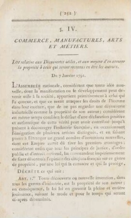 §. IV. Commerce, manufactures, arts et métiers. Vierter §. Handel, Manufakturen, Künste und Gewerbe
