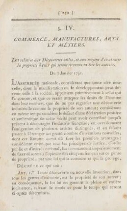 §. IV. Commerce, manufactures, arts et métiers. Vierter §. Handel, Manufakturen, Künste und Gewerbe