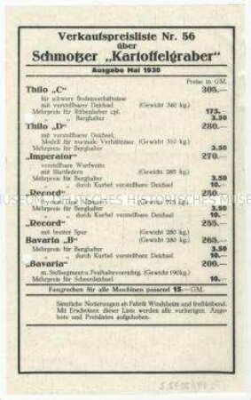 Preisliste Nr. 56 über Kartoffelgraber