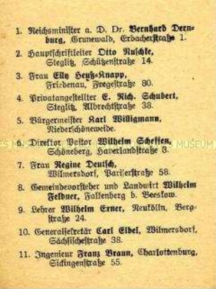 Handzettel mit einer Kandidatenliste des Zentrums