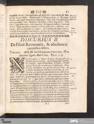 Discursus II. De Filiali Reverentia, & obedientia parentibus debita