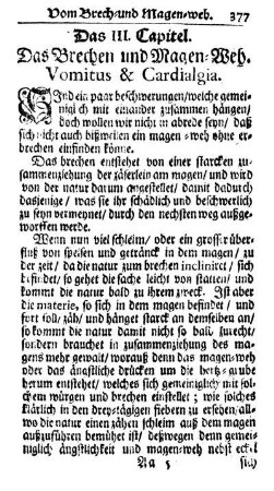 Das III. Capitel. Das Brechen und Magen-Weh. Vomitus & Cardialgia.