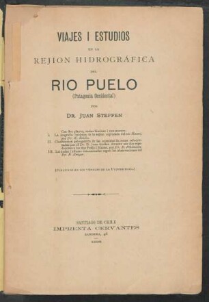 Viajes i estudios en la rejión hidrográfica del rio Puelo (Patagonia occidental)