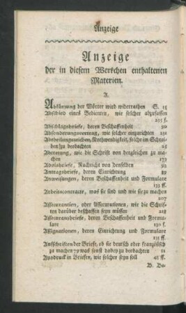 Anzeige der in diesem Werkchen enthaltenen Materien