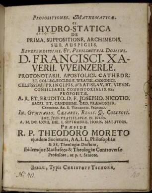 Propositiones. Mathematicae. ex Hydro-Statica De Prima. Suppositione. Archimedis