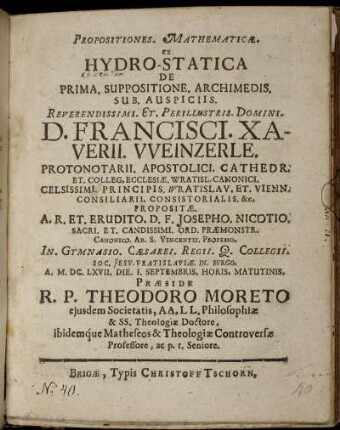 Propositiones. Mathematicae. ex Hydro-Statica De Prima. Suppositione. Archimedis
