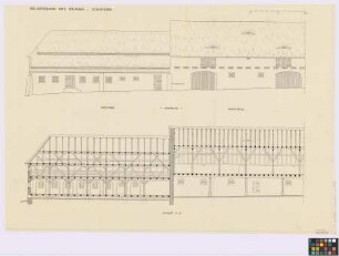 Belgershain (Kreis Grimma): Schäferei. - Speicher (Hof-Seiten-Ansicht, Längsschnitt C-D). - Schafstall (Hof-Seiten-Ansicht, Längsschnitt C-D)