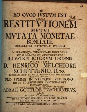 De eo quod iustum est circa restitutionem mutui mutata monetae bonitate, diss. inaug. iur.
