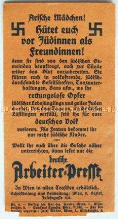 Handzettel der österreichischen Nationalsozialisten mit der Warnung vor dem Verkehr mit jüdischen Mädchen