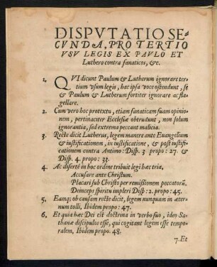 Disputatio Secunda, Pro Tertio Usu Legis Ex Paulo Et Luthero contra fanaticos, etc.