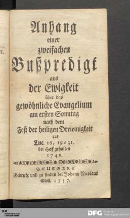 Anhang einer zweifachen Bußpredigt aus der Ewigkeit [...]