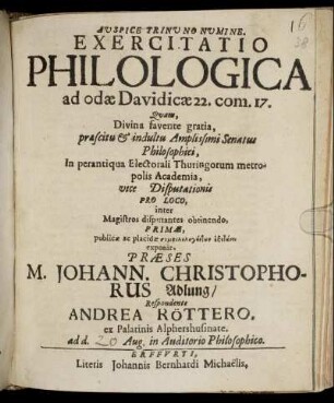 Exercitatio Philologica ad odae Dividicae 22. com. 17.