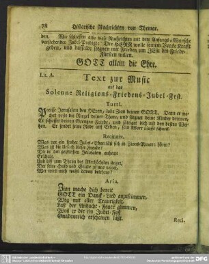 Lit. A. Text zur Music auf das Solenne Religions-Friedens-Jubel-Fest