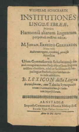 Wilhelmi Schickardi Institutiones Linguae Ebraeae