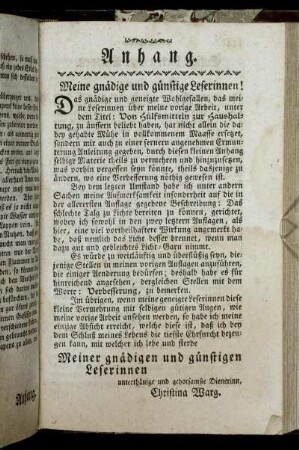 Meine gnädige und günstige Leserinnen!