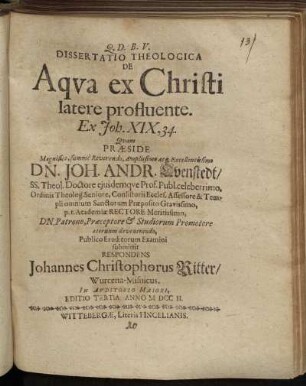 Dissertatio Theologica De Aqva ex Christi latere profluente : Ex Joh. XIX,34