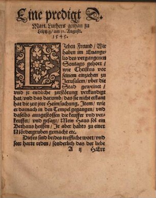Eine predigt D. Martini Lutheri, newlich zu Leiptzig gethan : [am 12. Augusti 1545]