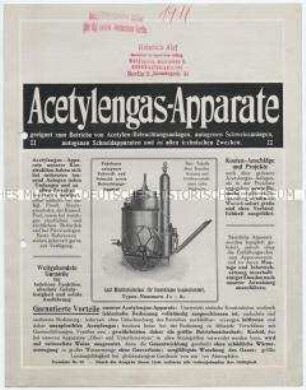 Acetylengas-Apparate, geeignet zum Betriebe von Acetylen-Beleuchtungsanlagen, autogenen Schweißanlagen, autogenen Schneidapparaten und zu allen technischen Zwecken.