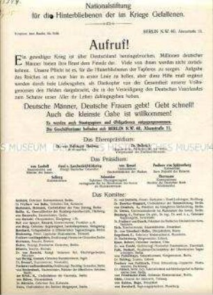 Spendenaufruf der Nationalstiftung für die Hinterbliebenen der im Kriege Gefallenen
