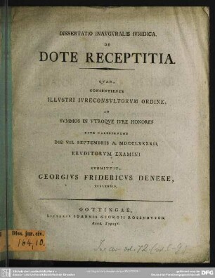 Dissertatio Inauguralis Iuridica De Dote Receptitia