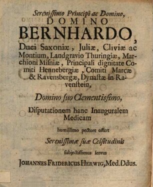 Disputationem Inauguralem Medicam De Cancro Occulto... Praeside Pro-Rectore Magnifico Augustino Henrico Faschio, ... publico Philiatrorum examini submittit Johannes Fridericus Herwig Steinbacensis Thuringus...