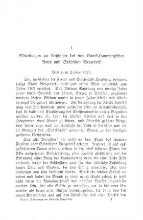 I. Mitteilungen zur Geschichte des einst Lübeck-Hamburgischen Amts und Städtchen Bergedorf.