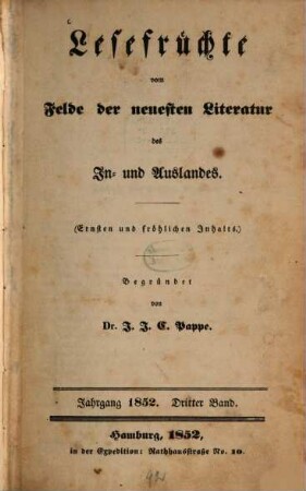 Lesefrüchte vom Felde der neuesten Literatur des In- und Auslandes. 1852,3, 1852,3