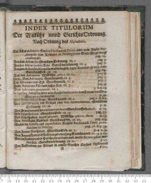 Index Titulorum Der Wilkühr unnd GerichtsOrdnung. Nach Ordnung des Alphabeti