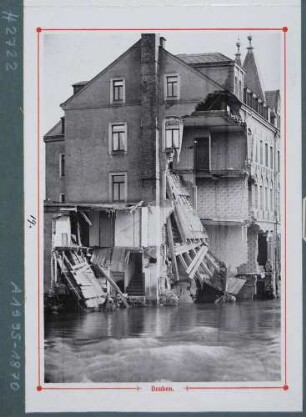 Leporello Hochwasseransichten, Blatt 19: Das vom Hochwasser am 30./31. 7. 1897 zerstörtes Wohnhaus von Bäcker Oelsner an der Poisentalbrücke in Deuben (Freital)