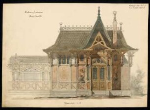 Kegelhalle Monatskonkurrenz August 1880: Aufriss Eingangsansicht 1:25; Maßstabsleiste