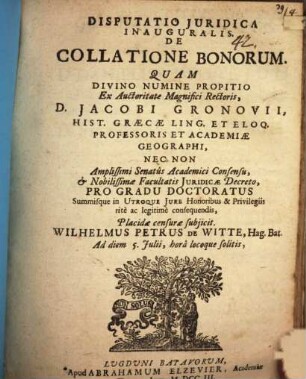 Disputatio juridica inauguralis de collatione bonorum