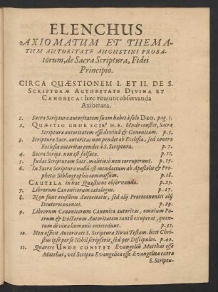 Elenchus Axiomatum Et Thematum Autoritate Augustini Probatorum, de Sacra Scriptura, Fidei Principio.