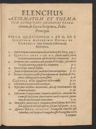 Elenchus Axiomatum Et Thematum Autoritate Augustini Probatorum, de Sacra Scriptura, Fidei Principio.