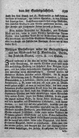 Nöthige Vorstellungen wider die Geringschätzung und den Misbrauch