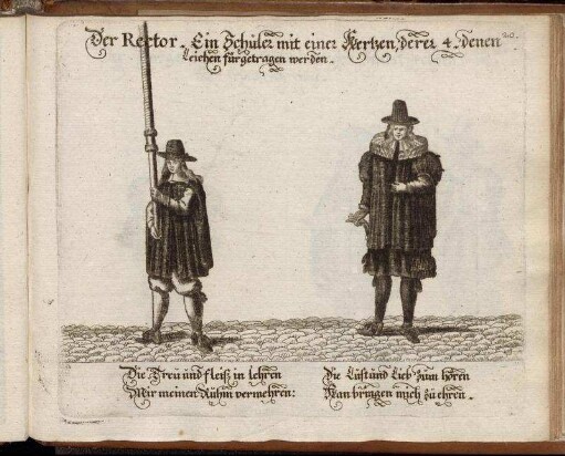 20. Der Rector. Ein Schüler mit einer Kertzen, derer 4 denen Leichen fürgetragen werden.