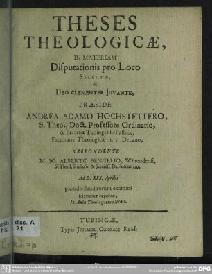 Theses Theologicae, In Materiam Disputationis pro Loco Selectae & Deo Clementer Iuvante
