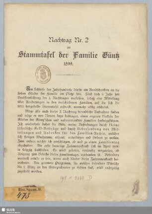 Nachtrag Nr. 2: Stammtafel der Familie Güntz : mit archivalischen Mittheilungen und biographischen Notizen