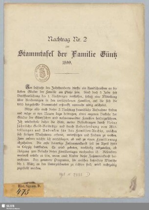 Nachtrag Nr. 2: Stammtafel der Familie Güntz : mit archivalischen Mittheilungen und biographischen Notizen