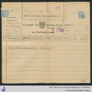 Telegramm von Theodor Fritsch vom 16.10.1922.