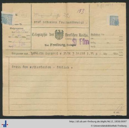 Telegramm von Theodor Fritsch vom 16.10.1922.