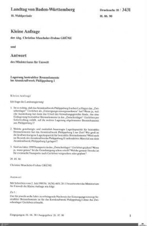 Anfrage der Grünen: Lagerung bestrahlter Brennelemente