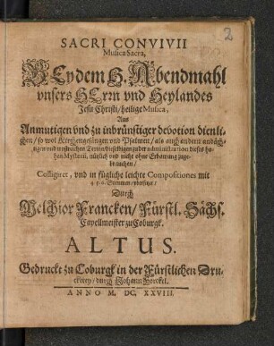 Sacri convivii musica sacra : bey dem h. Abendmahl ... zu gebrauchen