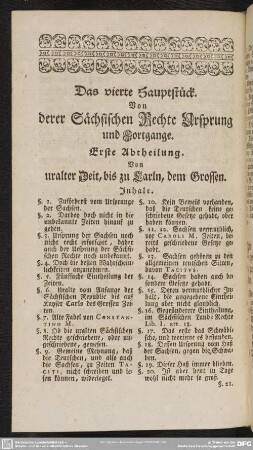 Das vierte Hauptstück. Von derer Sächsischen Rechte Ursprung und Fortgange